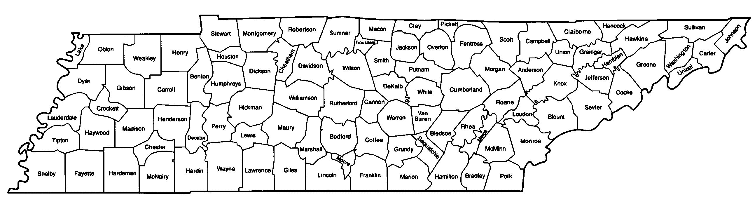 Figure 7: Map of Tennessee showing county names and boundaries