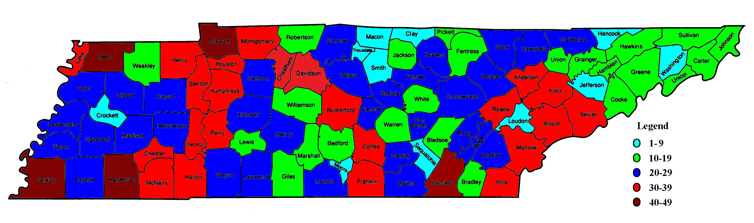 Figure 2. Numbers of species of reptiles known from the counties of Tennessee based on both museum records and literature reports